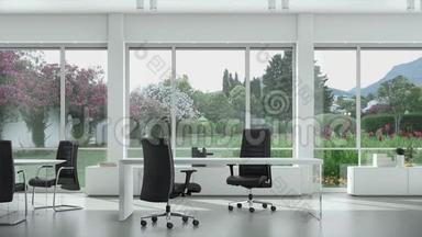 空荡荡的现代办公室有<strong>桌椅</strong>，窗外有花园。 背景板，彩色关键视频背景